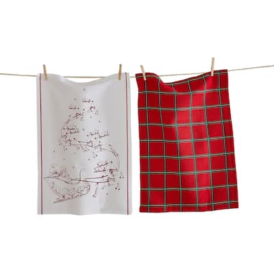 Santa Sleigh Dishtowel Set of 2 - Christmas Kitchen Towels, Red Multi Cotton, Machine Washable, 13" x 26"