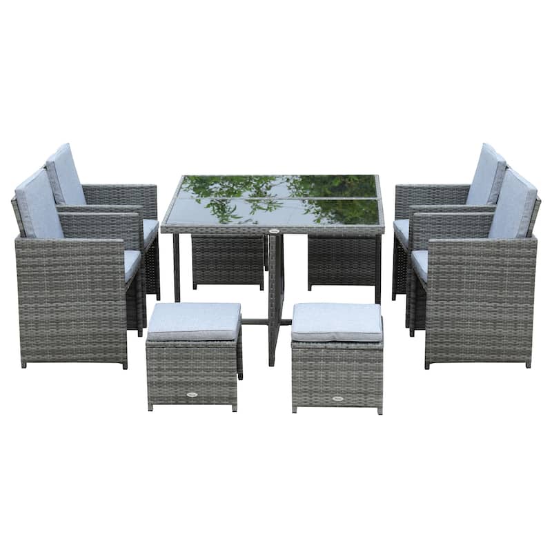 Outsunny 9 Piece Outdoor Rattan Wicker Dining Table and Chairs Furniture Set Space Saving Wicker Chairs w/ Cushions