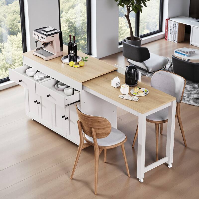 74.5" Extendable Kitchen Island with Dining Table, Rolling Storage Cart with 4 Doors, 2 Drawers, and Spice Rack - White