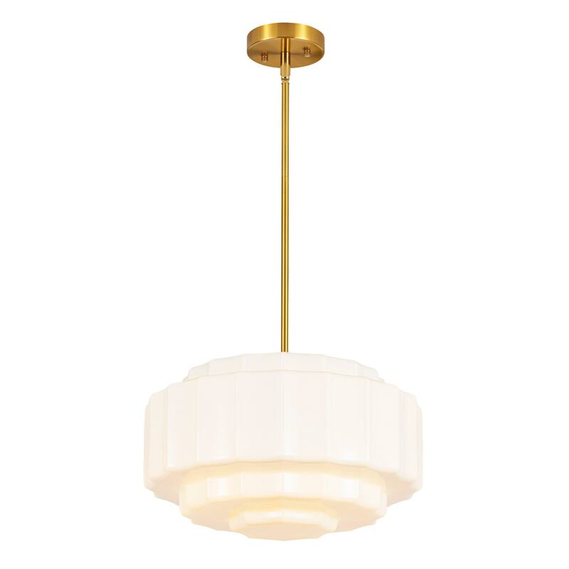 Rennnsan 3-Light Mid-Century Modern Brass Tiered Milk Glass Pendant for Dining Room - 15.7 in. W x 7.1 in. H
