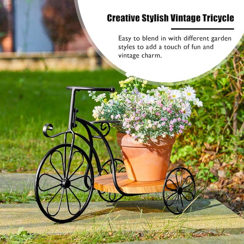 Glitzhome 24"L Spring Metal Tricycle Planter Stands Flower Pot Cart with Wood Trays