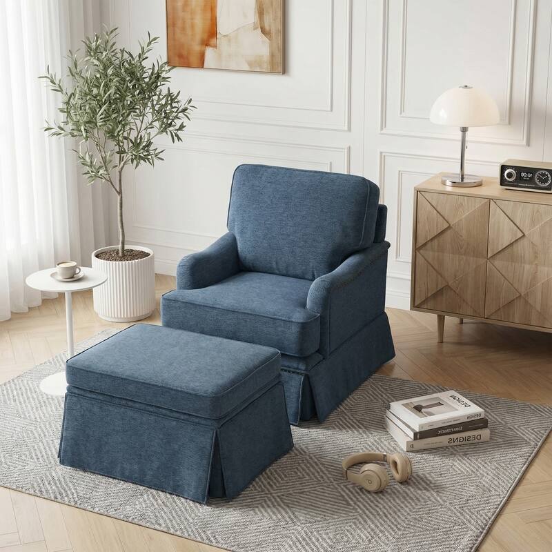 Modern Chenille Swivel Armchair and Storage Ottoman