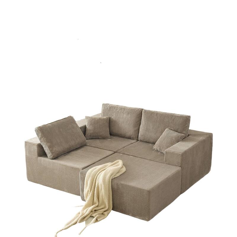 Modular L Shaped Sectional Sofa with Ottoman, Corduroy Boneless Cloud Sofa, 3 Seater Upholstered Sofa with 2 Pillows