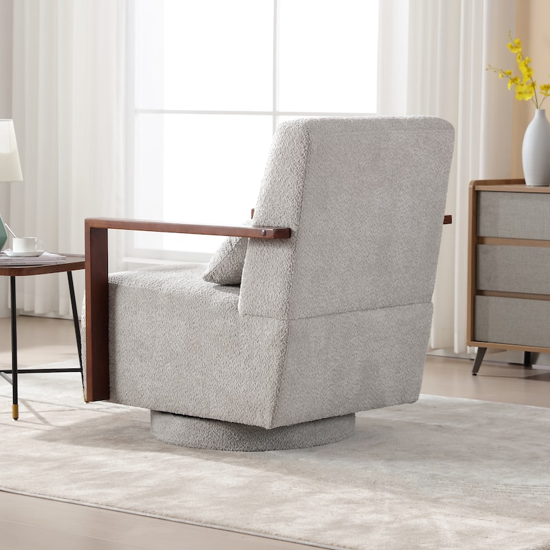 Mid-Century Boucle Upholstered Swivel Armchair With Pillow