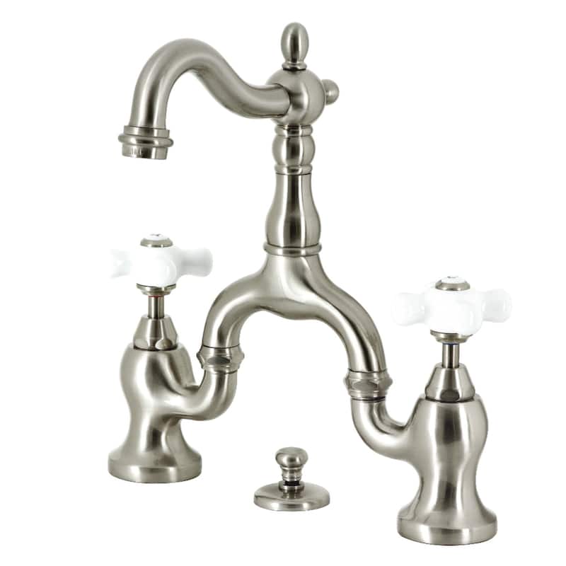 English Country Bridge Bathroom Faucet with Brass Pop-Up - Brushed Nickel