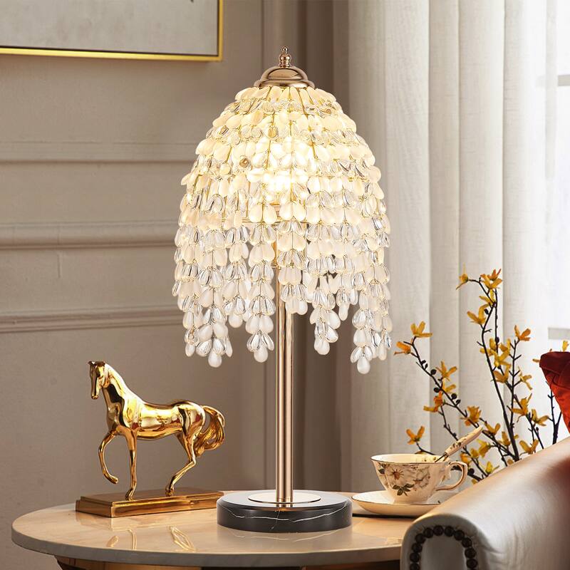 19"(H) Elegant Crystal Table Lamp - Vintage Waterfall Design with Teardrop Grape Crystal Bead String Shades