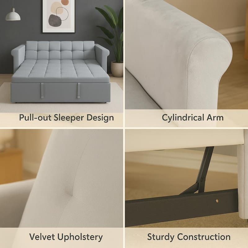 Velvet 2-Seater Sofa Bed, Pull-Out Couch Loveseat with Scroll Arms, Sleeper Sofa with Adjustable Backrest