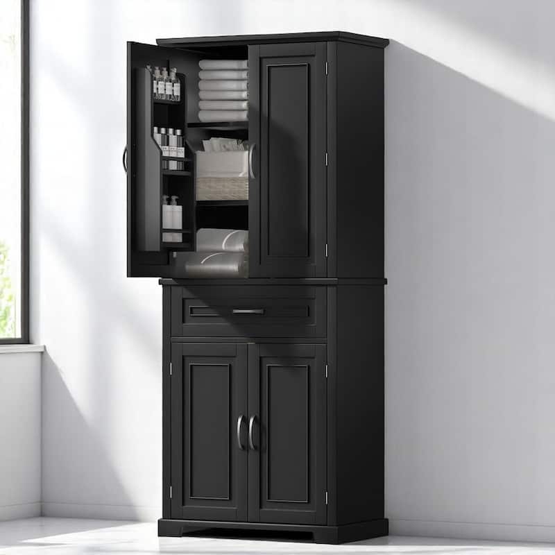 Freestanding White Bathroom Cabinet with Doors, Drawer & Adjustable Shelf, Tall Linen Tower Storage 72'' High - Black