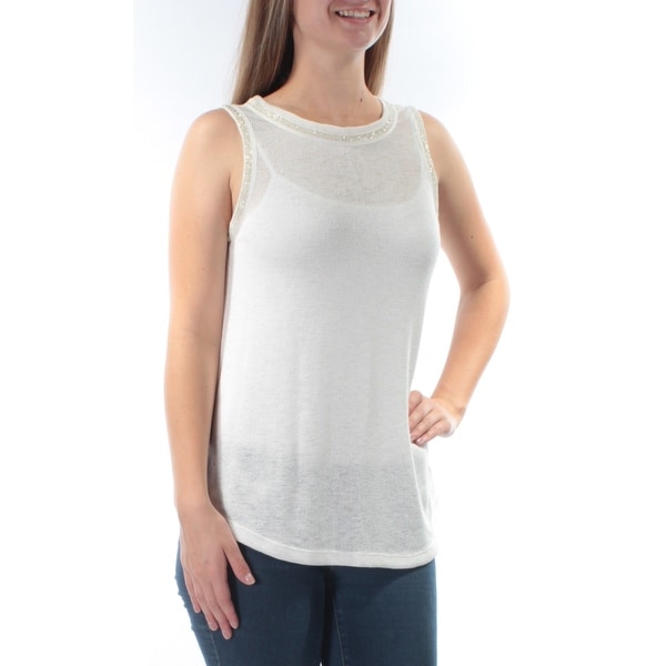 SANCTUARY Womens Cream Beaded Sleeveless Jewel Neck Sweater Size: S