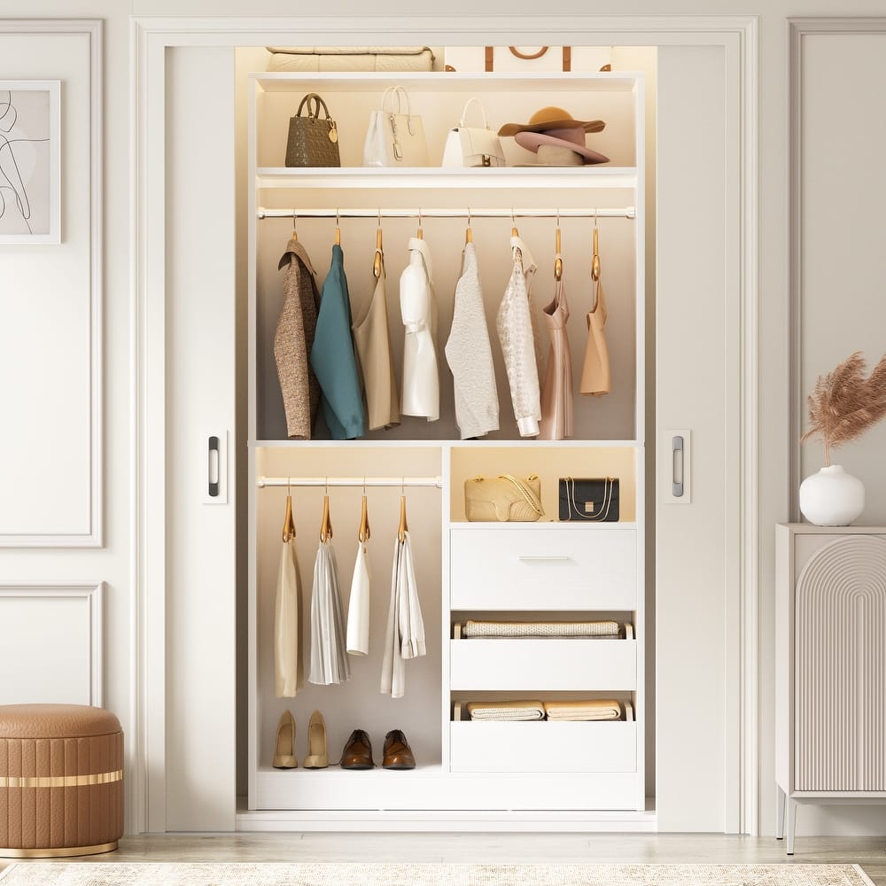Qvella 36'' W Freestanding Walk-in Closet Organizer System with 2 Hanging Rods and 3 Wood Drawers