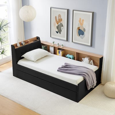 Twin Size Height Adjustable Day Bed with Headboard and Wireless Charging, Multi-functional Daybed with Trundle Bed & LED Lights
