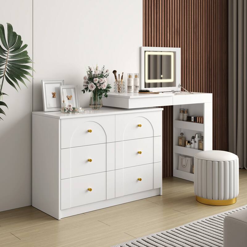 Roomfitters Makeup Vanity Table with Lighted Mirror, Flip-Top Storage Table with Seven Compartments and Nine Sections - White