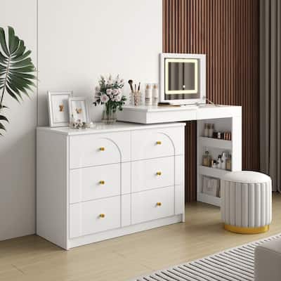 Vanity Desk with Mirror and Lights, Makeup Vanity Table with Flip-Top Tabletop and Storage 7 Drawers, 9 Compartments, 3 Shelves