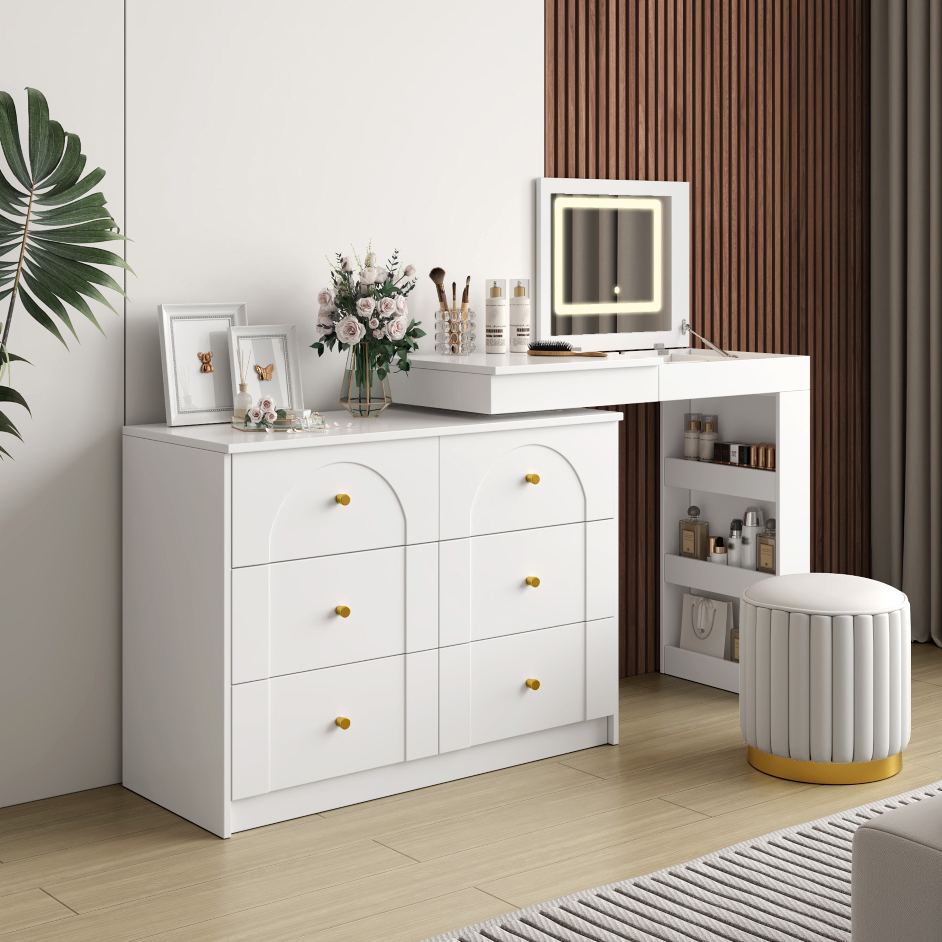 Vanity Desk with Mirror and Lights, Makeup Vanity Table with Flip-Top Tabletop and Storage 7 Drawers, 9 Compartments