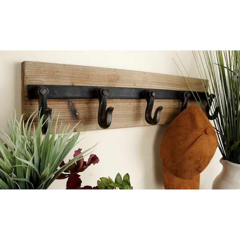 Wood 5 Hanger Wall Hook with Black Metal Hardware - Brown - Roche River Decor - 4"W x 24"L x 6"H