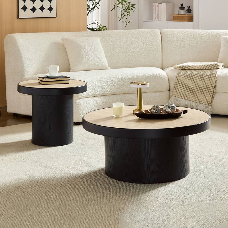 Nesting Round Coffee Table Set with Sintered Stone Tabletop, Modern Living Room Center Table