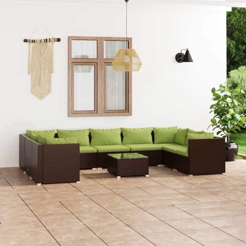 vidaXL 7 Piece Patio Lounge Set with Cushions Poly Rattan Brown - 27.6" x 27.6" x 24" - 27.6" x 27.6" x 24" - Brown/Green 13 x Back pillow