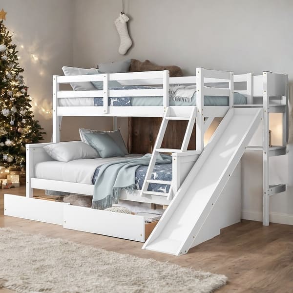slide 2 of 26, Twin over Full Bunk Bed with 2 Drawers, Slide and Shelves White