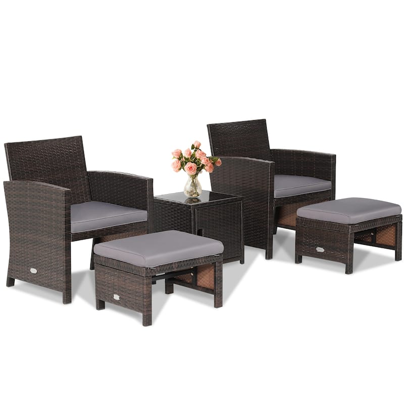 Costway 5PCS Patio Rattan Furniture Set Ottoman Cushioned W/Cover - See Details