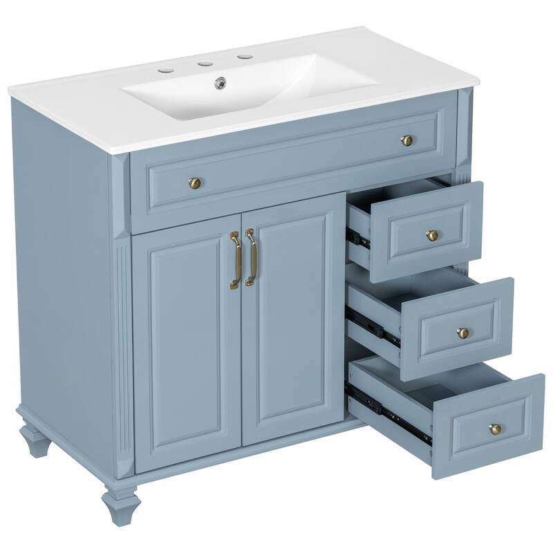 Merax Solid Wood Bathroom Vanity with Sink, Flip Drawer, 3 Drawers & 2 Doors