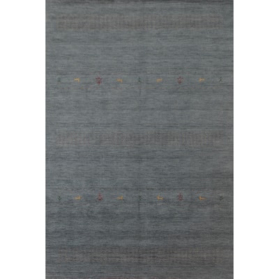 Blue Tribal Gabbeh Area Rug Hand-Knotted Wool Carpet - 6'9"x 9'10"