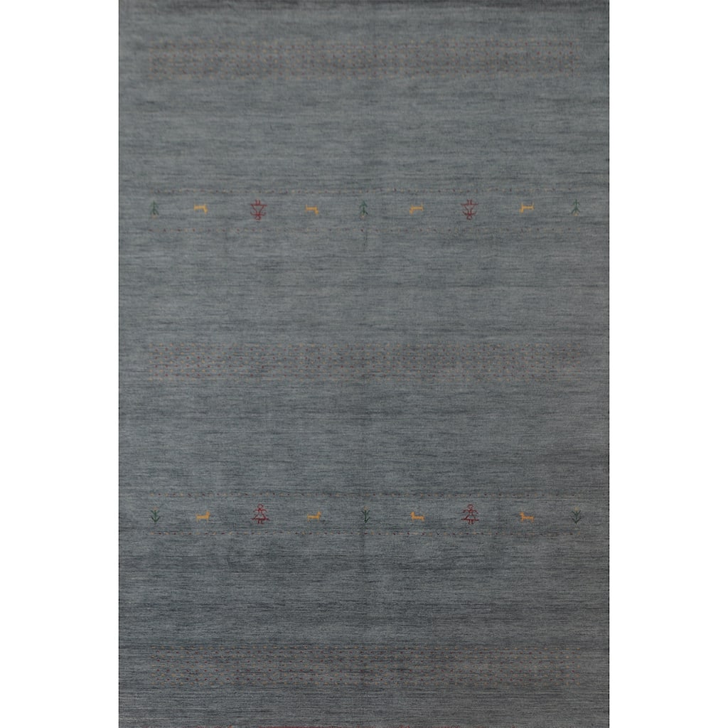 Blue Tribal Gabbeh Area Rug Hand-Knotted Wool Carpet - 6'9"x 9'10"
