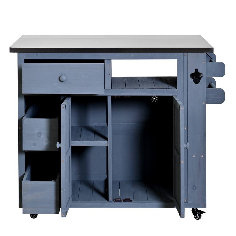 Extendable 41.9" Outdoor Kitchen Island with Stainless Steel Top and Side Spice Rack, Kitchen Cart with Drawers, Storage Cabinet