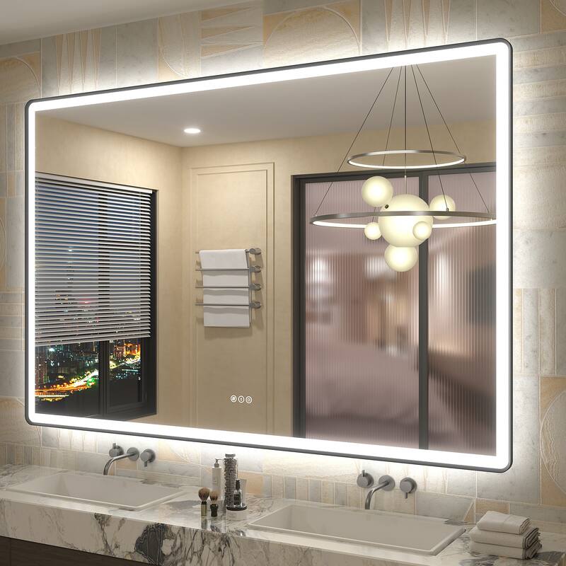 UL Certified Front & Back LED Anti-Fog Tempered Glass Framed Bathroom/Vanity Mirror 3-Year Warranty - 77" x 36"-Rounded Corner - Black
