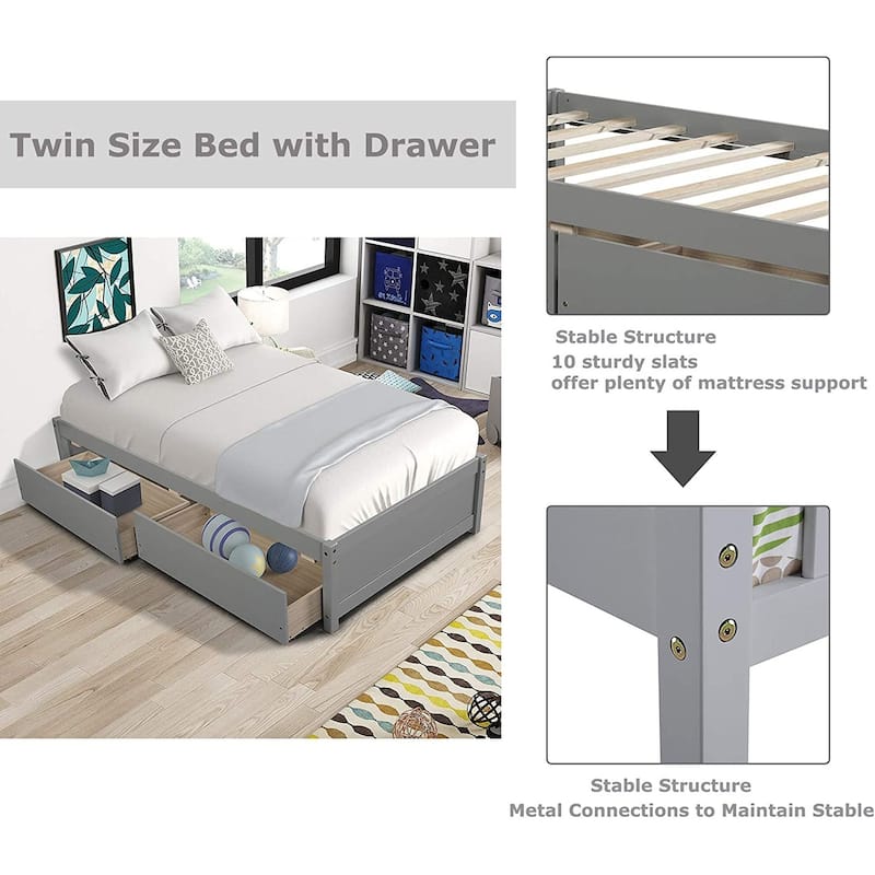 Twin Platform Bed Frame with 2 Storage Drawers, Wood Twin Bed Frames for Kids Toddler Girls Boys