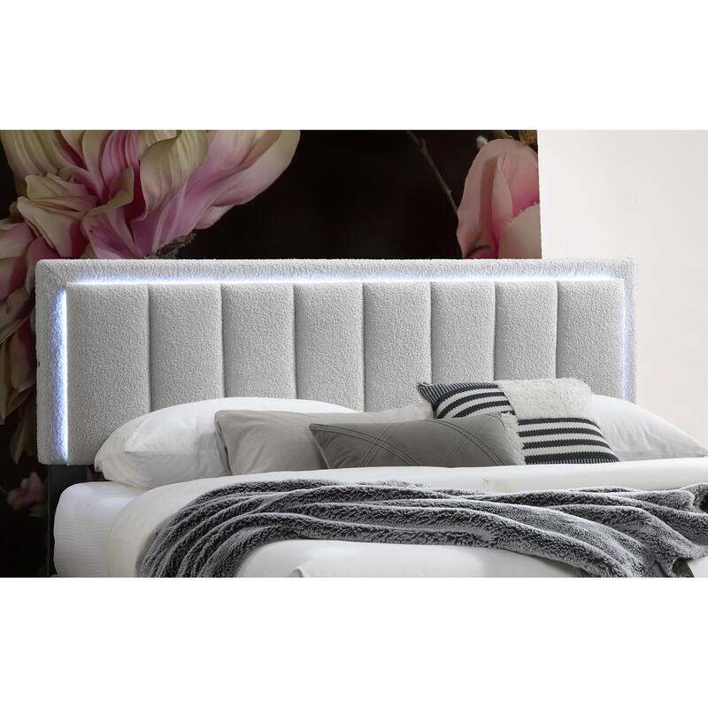 Queen Size Light Gray Wool Fabric Upholstered Bed with LED Headboard and Channel Tufting