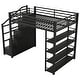 preview thumbnail 10 of 11, Full Size Metal Loft Bed with Bulit-in Wardrobe and Storage Shelves, Stairway Loft Bedframe with Cabinets and Steps