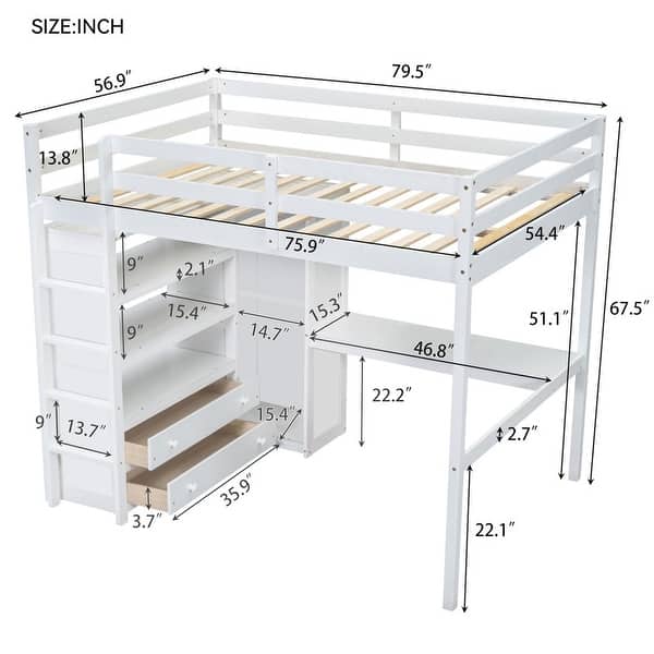 dimension image slide 1 of 2, Wood Kids Full Size Loft Bed with Desk and Large Storage Space