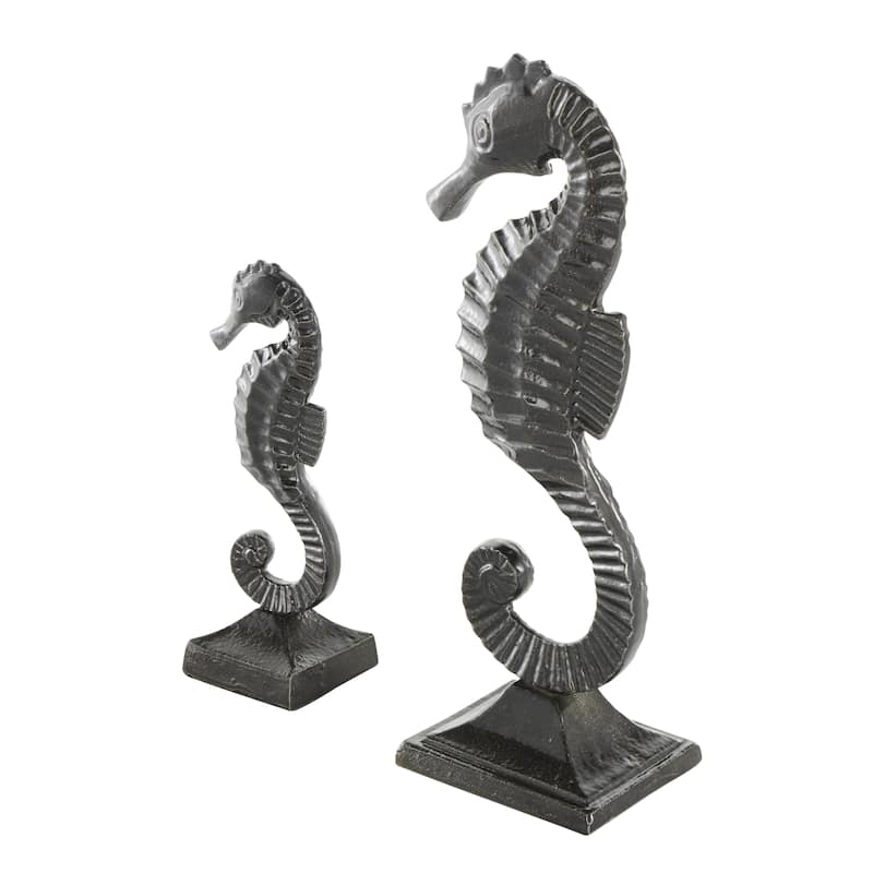 Aluminum Metal Sea Horse Decorative Sculpture with Square Bases - Set of 2 Black - Roche River Decor