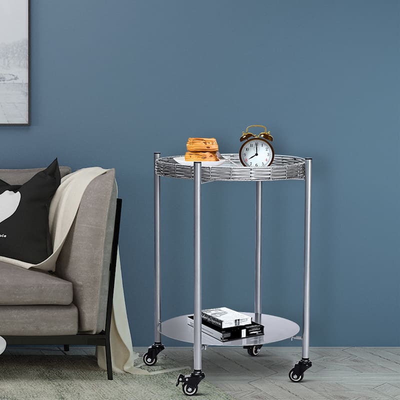 Round Coffee Table with Wheels 2-Tier Movable Silver Metal Bedside Nightstand Sofa Side Table