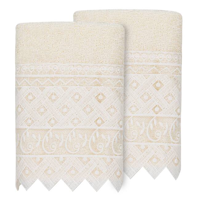 Authentic Hotel and Spa 100% Turkish Cotton Aiden 2PC White Lace Embellished Washcloth Set - Cream