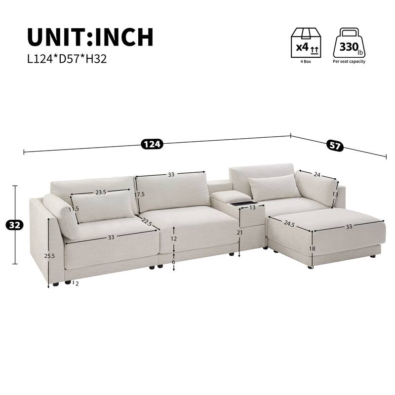 Oversized Modular Sectional Sofa, Chenille 4 Seat Sofa with Storage Console & Movable Ottoman, Comfy Sofa with 4 Pillows - Beige