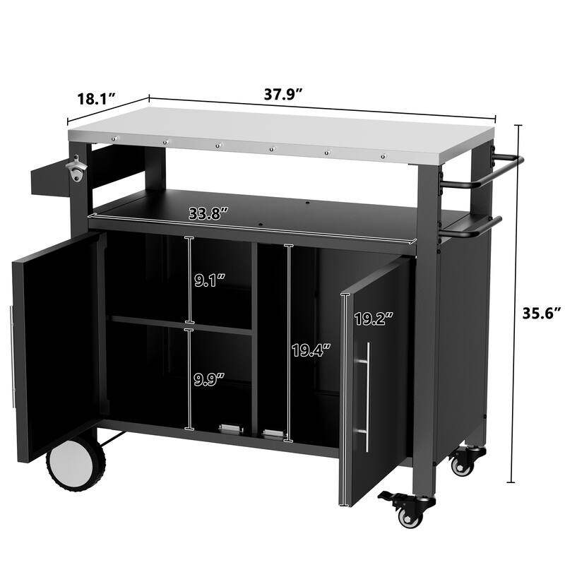 Two Doors Outdoor Grill cart with Patio Furniture, Outdoor Grill Table with Storage,Rolling Bar cart Outdoor BBQ cart