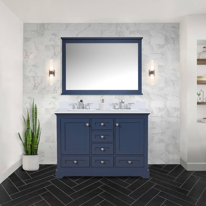 Dukes 48 in. W x 22 in. D White Double Bath Vanity, White Quartz Top, Faucet Set, 46 in. Mirror