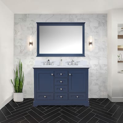 Dukes 48 in. W x 22 in. D White Double Bath Vanity, White Quartz Top, Faucet Set, 46 in. Mirror