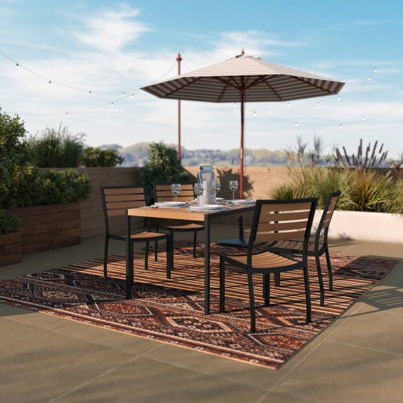 Indoor/Outdoor Steel Framed Faux Teak Patio Table with 4 Chairs - Teak