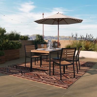Indoor/Outdoor Steel Framed Faux Teak Patio Table with 4 Chairs