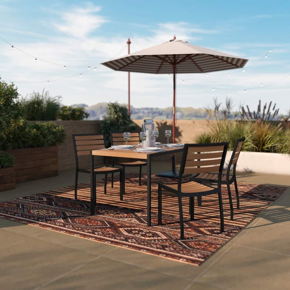 Indoor/Outdoor Steel Framed Faux Teak Patio Table with 4 Chairs