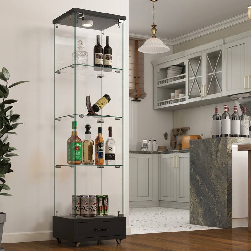 Modern Glass Display Cabinet with Drawer and LED lights for Living Room and Bedroom