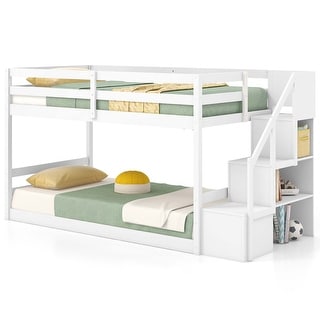Costway Twin Over Twin Low Bunk Bed Solid Wood Floor Bunk Bed Frame - See Details