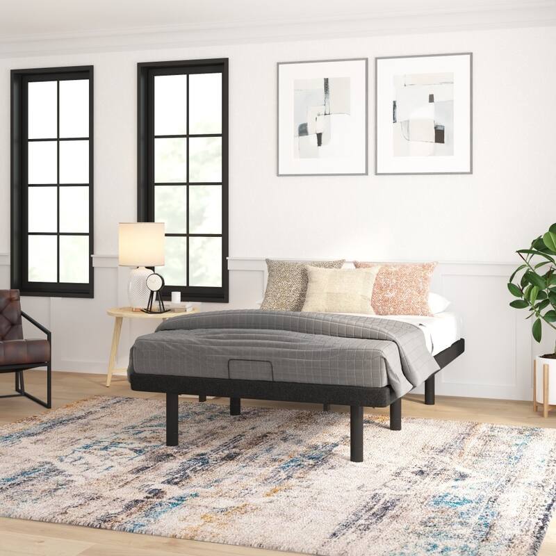 Upholstered Adjustable Bed Base with Wireless Remote in Black