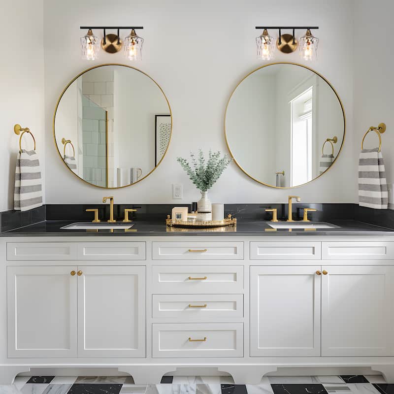 2/3/4-Light Modern Gold Black Bathroom Vanity Light Wall Sconce with Hammered Glass