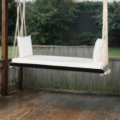 Patio Wood Hanging Swing Bench with Cushion and Pillows
