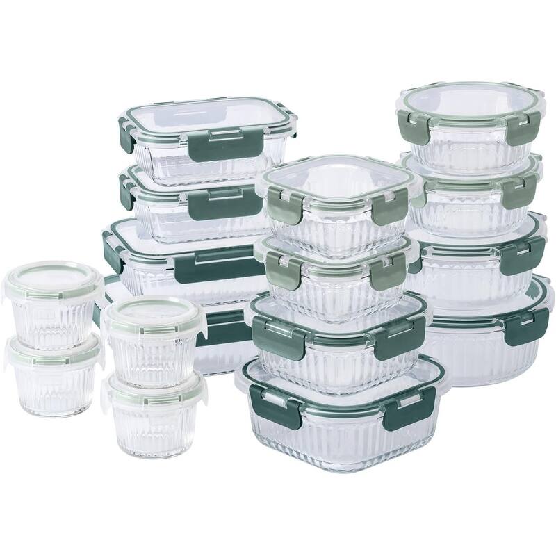 COOK WITH COLOR Premium 32-Pc. Borosilicate Glass Food Container Set with Dividers Leakproof Lids - Meal Prep, Storage - Fluted Sage