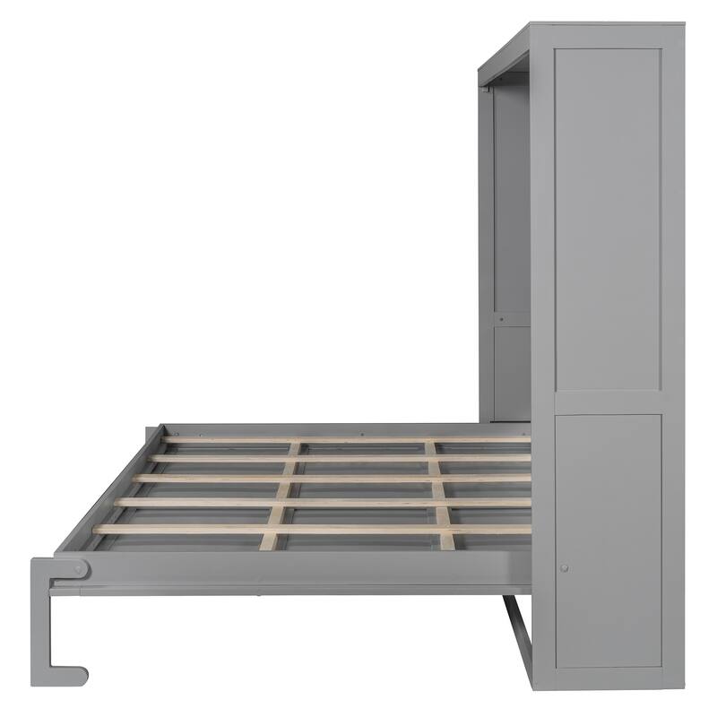 Gray Queen Murphy Bed with LED Lighting, Modern Wall Bed, No Box Spring Needed