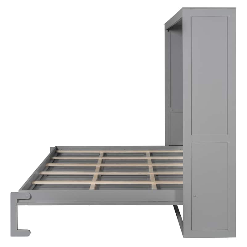 Queen Size Horizontal Murphy Bed Wooden Wall Platform Bed Frame with LED Lights
